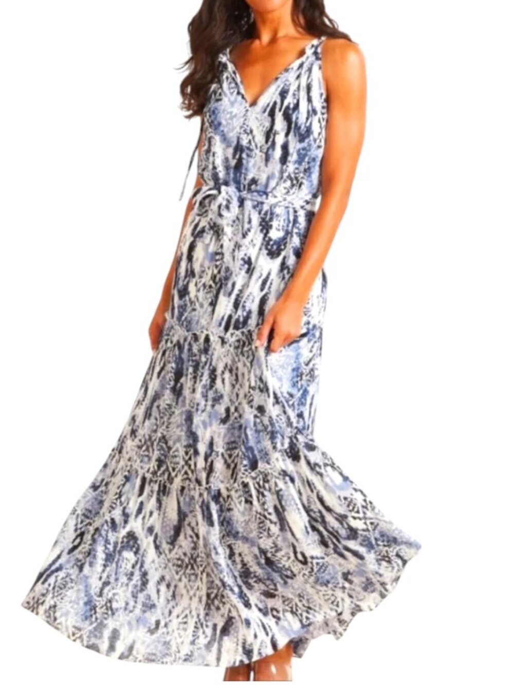 Roan and Ryan Naomi Tiered Halter Maxi Dress Blue White